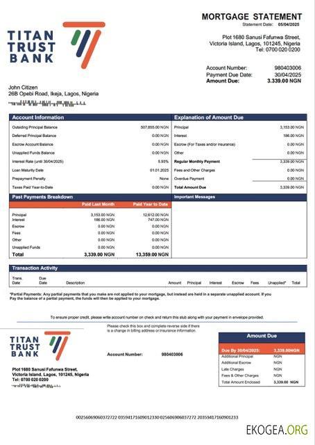 Modèle Word et PDF de relevé hypothécaire de la Nigeria Titan Trust Bank